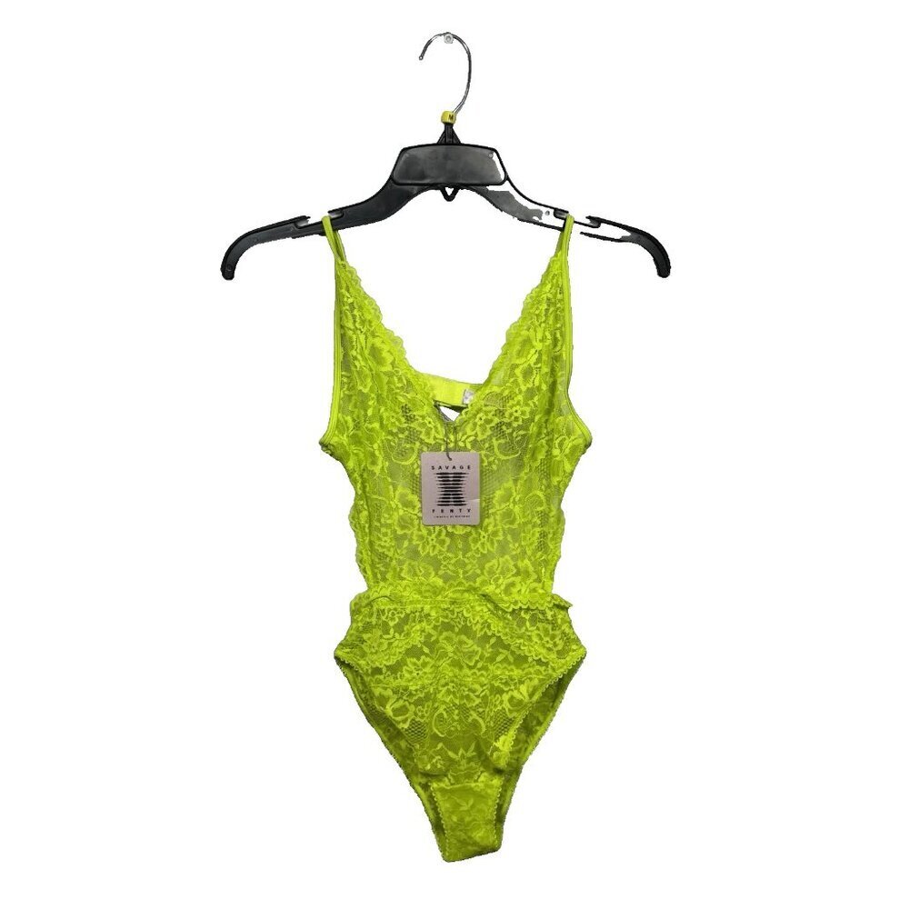 Savage X Fenty Floral‎ Lace Teddy Acid Lime Cutout All over Stretch Lace Size XS